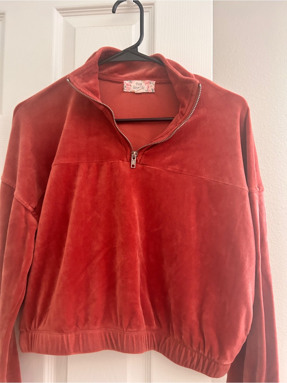 Pink Republic Women’s Velvet Quarter-Zip Sweater in Rust